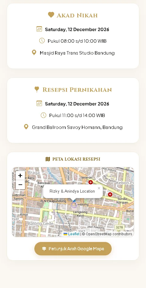 Jadwal acara dan peta lokasi dengan tombol petunjuk arah